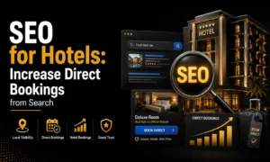 SEO for hotels illustration showing hotel search rankings, direct booking optimization, local visibility, guest trust, and increased direct reservations from Google Search.