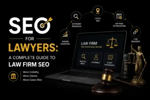 SEO for lawyers guide featuring law firm website optimization, keyword research, local SEO, on-page SEO, and link building
