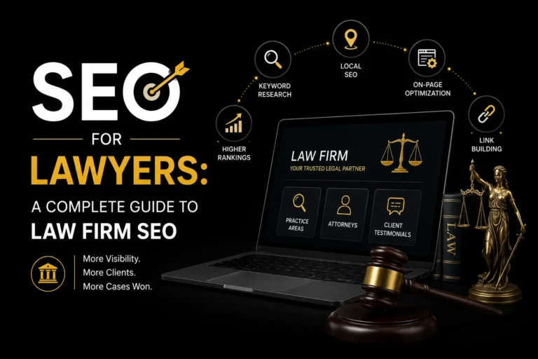 SEO for lawyers guide featuring law firm website optimization, keyword research, local SEO, on-page SEO, and link building