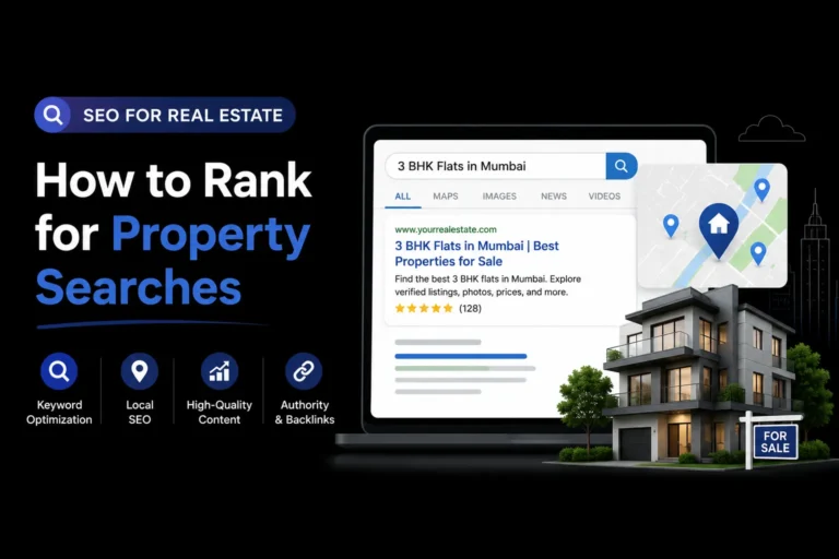 SEO for real estate showing a property website ranking for “3 BHK flats in Mumbai” through keyword optimization, local SEO, quality content and backlinks.