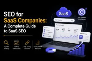 SEO for SaaS companies showing keyword strategy, on-page optimization, backlinks, content marketing, rankings, traffic, and signups