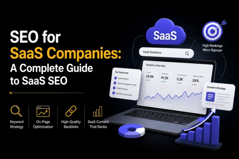 SEO for SaaS companies showing keyword strategy, on-page optimization, backlinks, content marketing, rankings, traffic, and signups