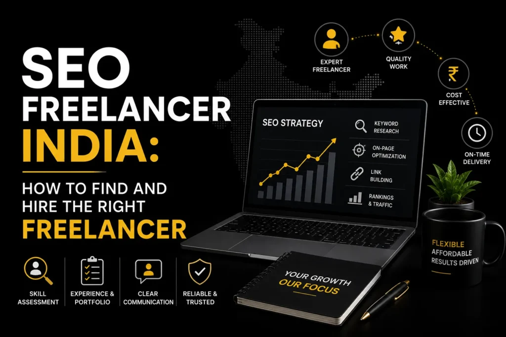 SEO Freelancer India guide showing how to find and hire the right freelancer for keyword research, on-page SEO, link building, and traffic growth