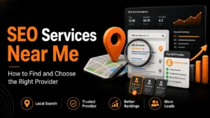 SEO services near me showing local search results, provider reviews, keyword rankings, reporting, and lead growth