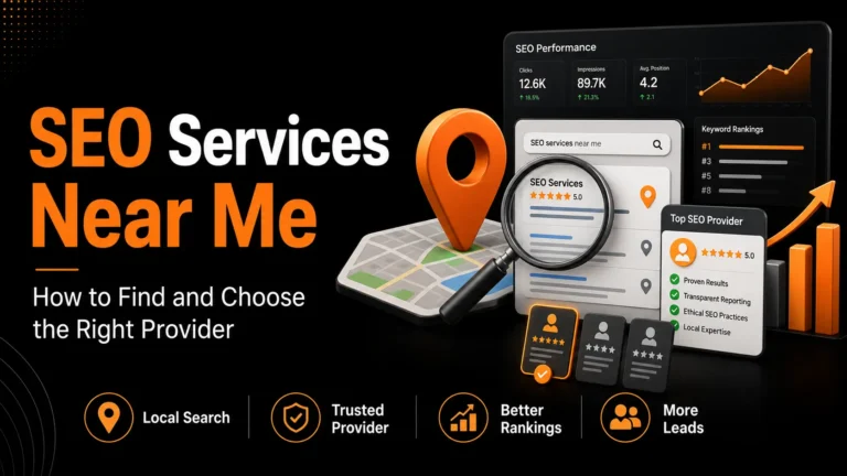 SEO services near me showing local search results, provider reviews, keyword rankings, reporting, and lead growth