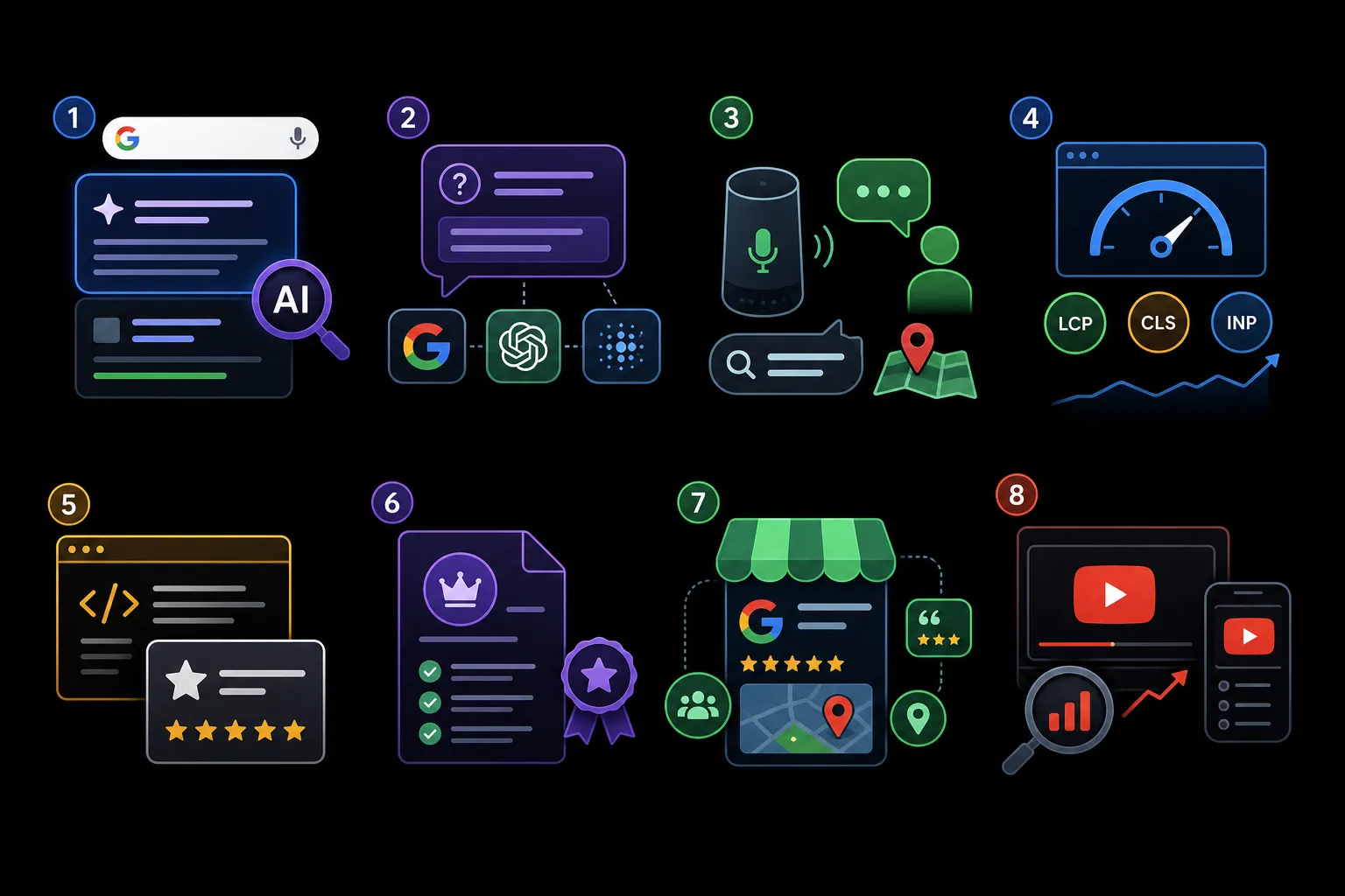 SEO trends 2026 covering AI search, answer engines, voice search, Core Web Vitals, schema, local SEO, and video SEO