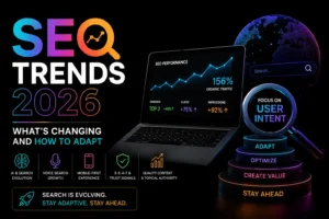 SEO trends 2026 featuring AI search, voice search, mobile-first experience, E-E-A-T, user intent, and topical authority