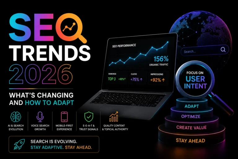 SEO trends 2026 featuring AI search, voice search, mobile-first experience, E-E-A-T, user intent, and topical authority