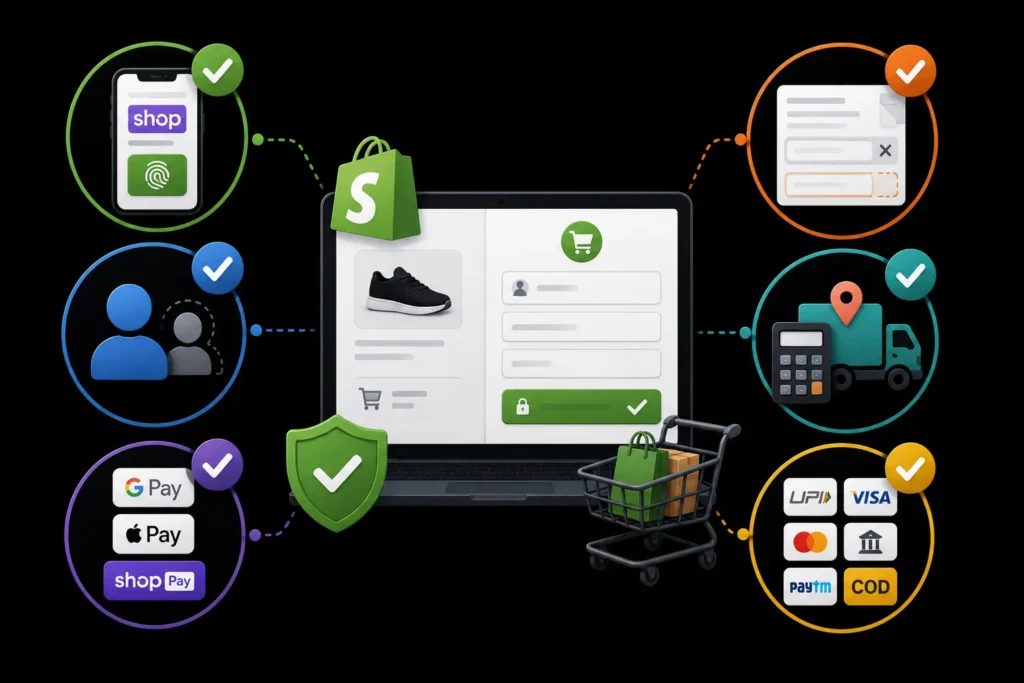 Shopify ecommerce store features with secure checkout, customer accounts, shipping, AI integration, and multiple payment methods