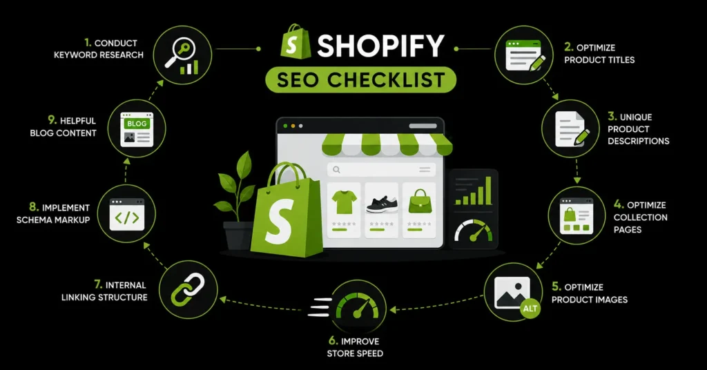Shopify SEO checklist showing nine steps to optimize an online store for search engines