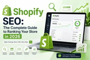 Shopify SEO guide for 2026 showing keyword research, on-page optimization, site speed, backlinks, analytics, technical SEO, organic traffic growth, and higher ecommerce rankings.