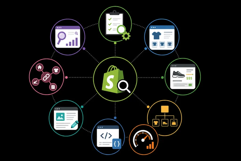 Shopify SEO optimization services covering keyword research, product pages, content, technical SEO, site structure, and performance
