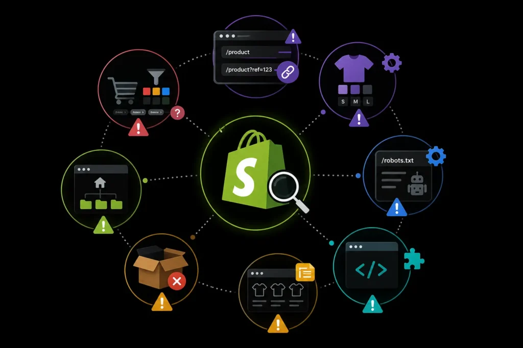 Shopify SEO technical challenges involving duplicate URLs, product variants, robots.txt, site structure, apps, and out-of-stock products