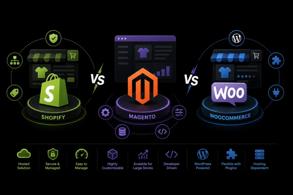 Shopify vs Magento vs WooCommerce comparison based on hosting, customization, scalability, plugins, performance, and technical requirements