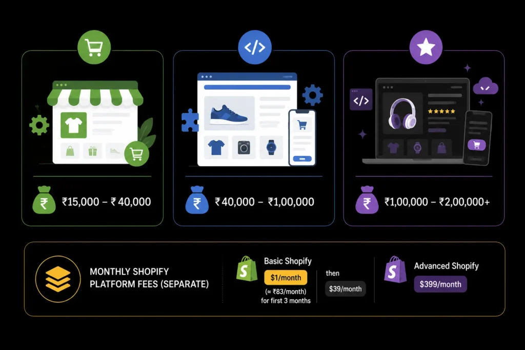 Shopify website development cost in India for basic, standard, and custom online stores with separate monthly Shopify platform fees.