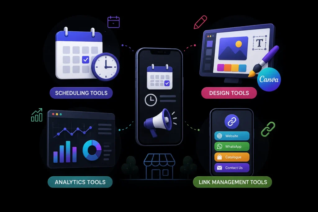 Social media management tools for small businesses, including scheduling, design, analytics, and link management tools