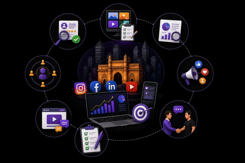 Social media marketing agency in Mumbai managing content creation, audience targeting, analytics, advertising, and campaign performance across major platforms.