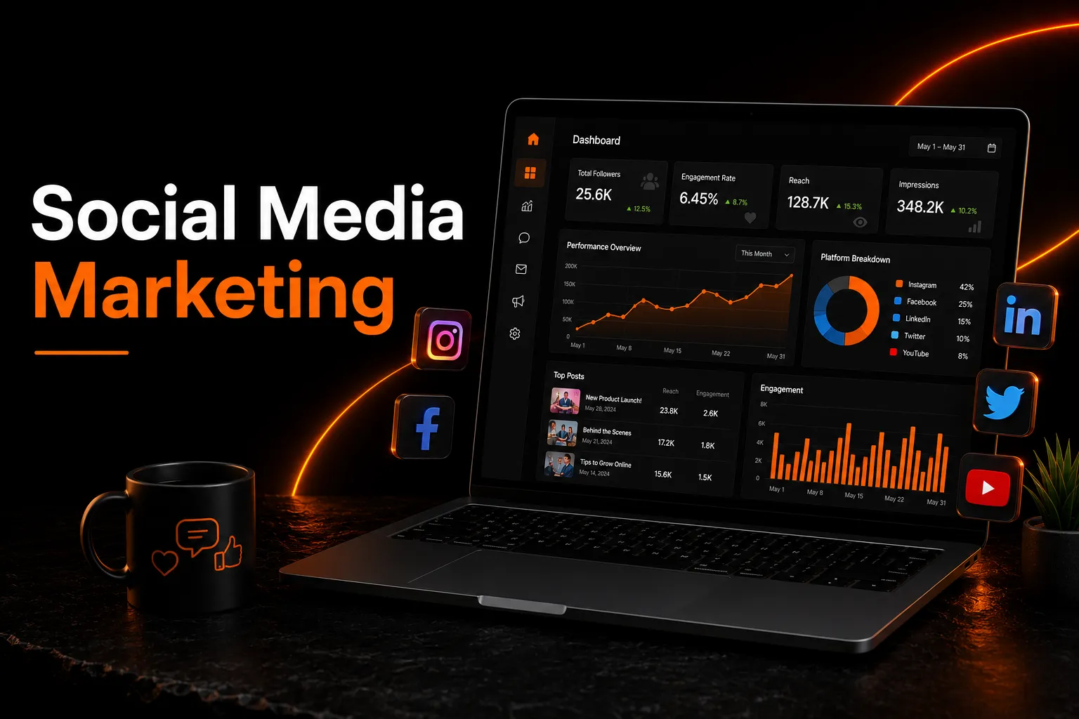 Social media marketing dashboard displayed on a laptop with Instagram, Facebook, LinkedIn, Twitter, and YouTube icons
