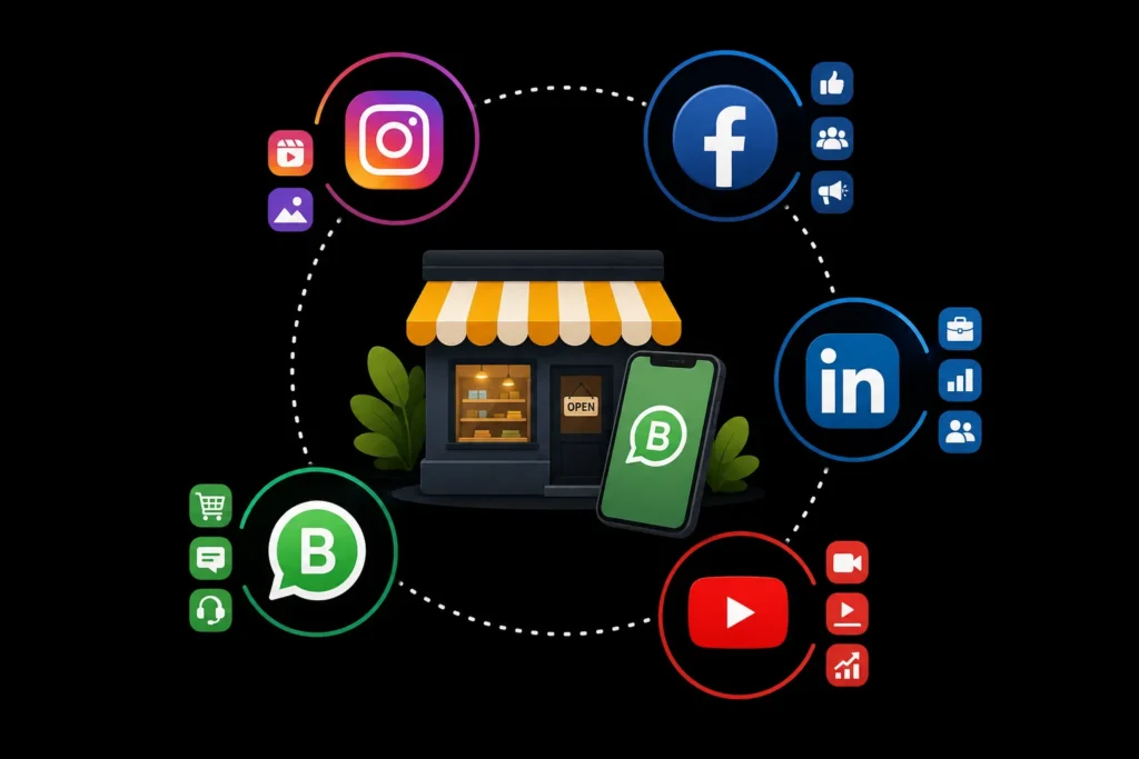 Social media platforms for small business marketing, including Instagram, Facebook, LinkedIn, YouTube, and WhatsApp Business