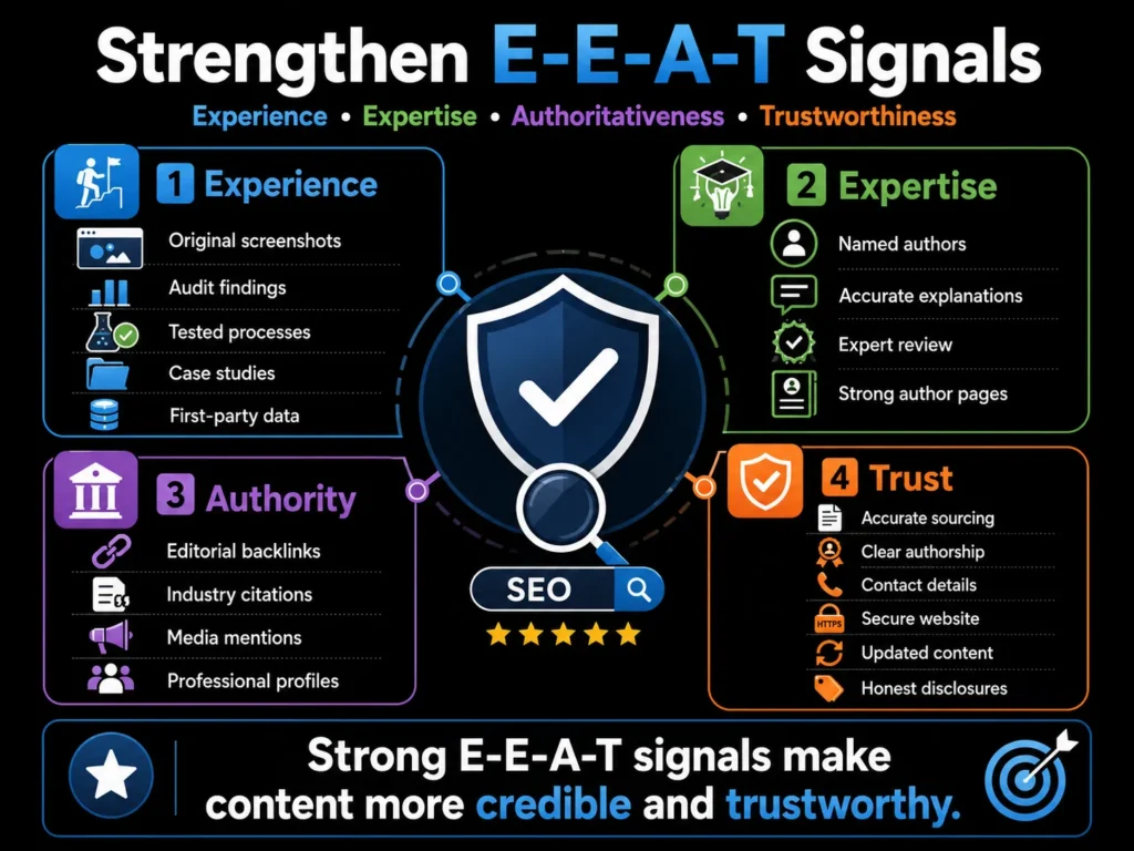 SEO infographic explaining how to strengthen E-E-A-T signals through experience, expertise, authority, and trust using case studies, expert authors, backlinks, citations, accurate sourcing, and secure websites.