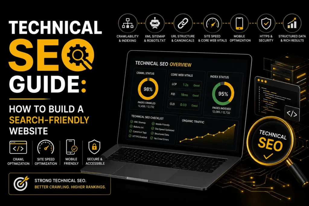 Technical SEO guide showing how to build a search-friendly website with crawlability, indexing, speed, mobile optimization, security, and structured data