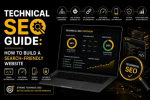 Technical SEO guide showing how to build a search-friendly website with crawlability, indexing, speed, mobile optimization, security, and structured data