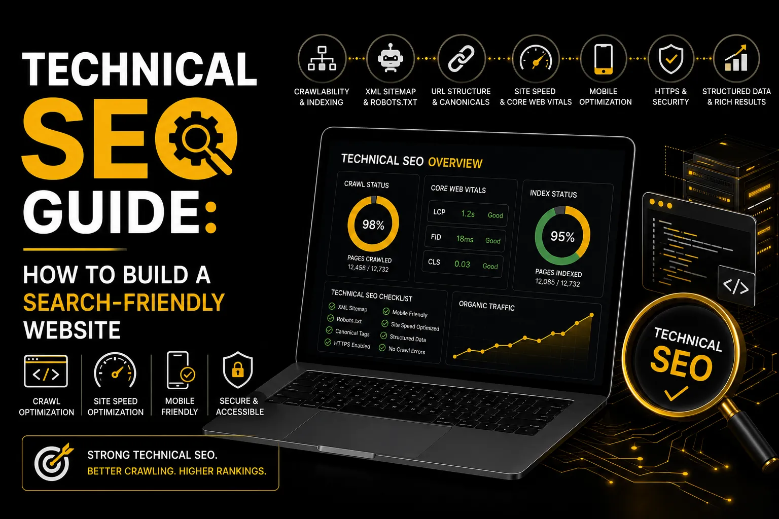 Technical SEO guide showing how to build a search-friendly website with crawlability, indexing, speed, mobile optimization, security, and structured data