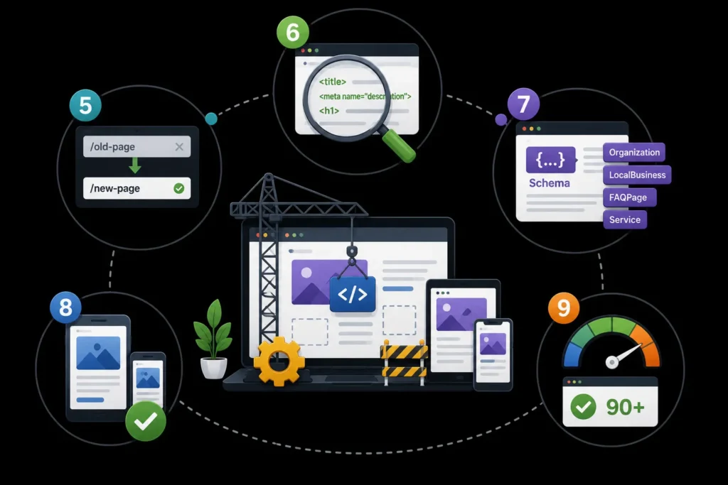 Technical SEO checklist covering redirects, meta tags, schema markup, responsive design, and page speed optimization