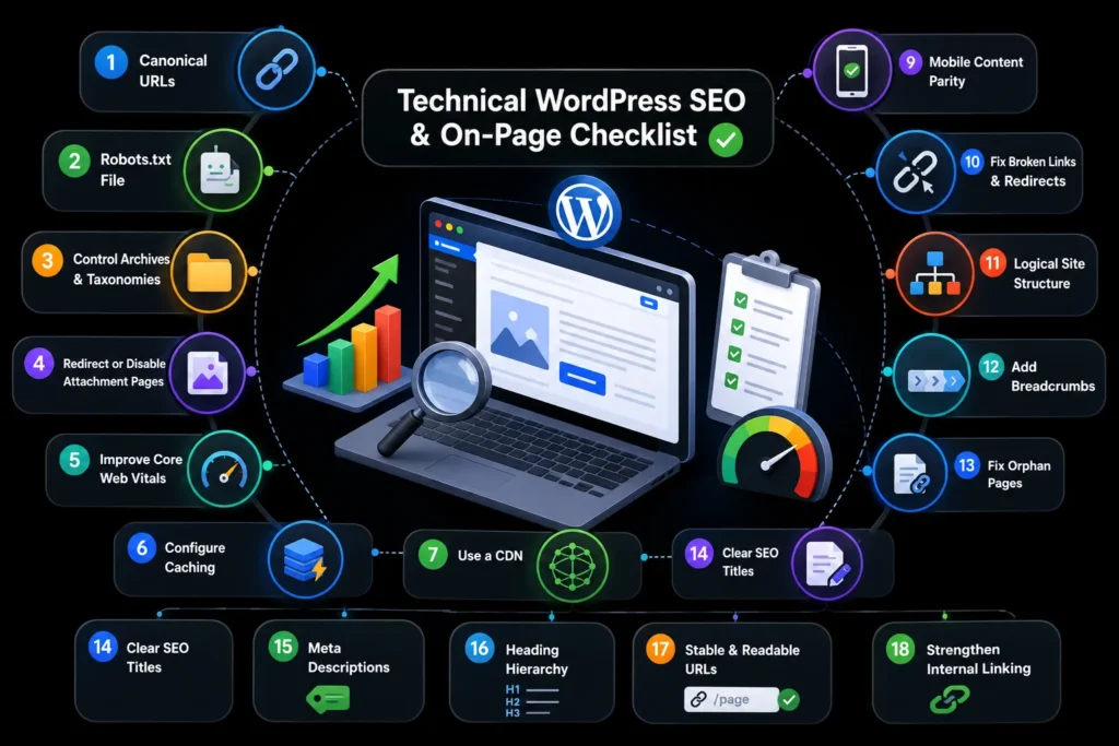 Technical WordPress SEO checklist covering canonical URLs, robots.txt, archives, Core Web Vitals, caching, CDN, mobile parity, redirects, site structure, breadcrumbs, metadata, URLs, and internal links.