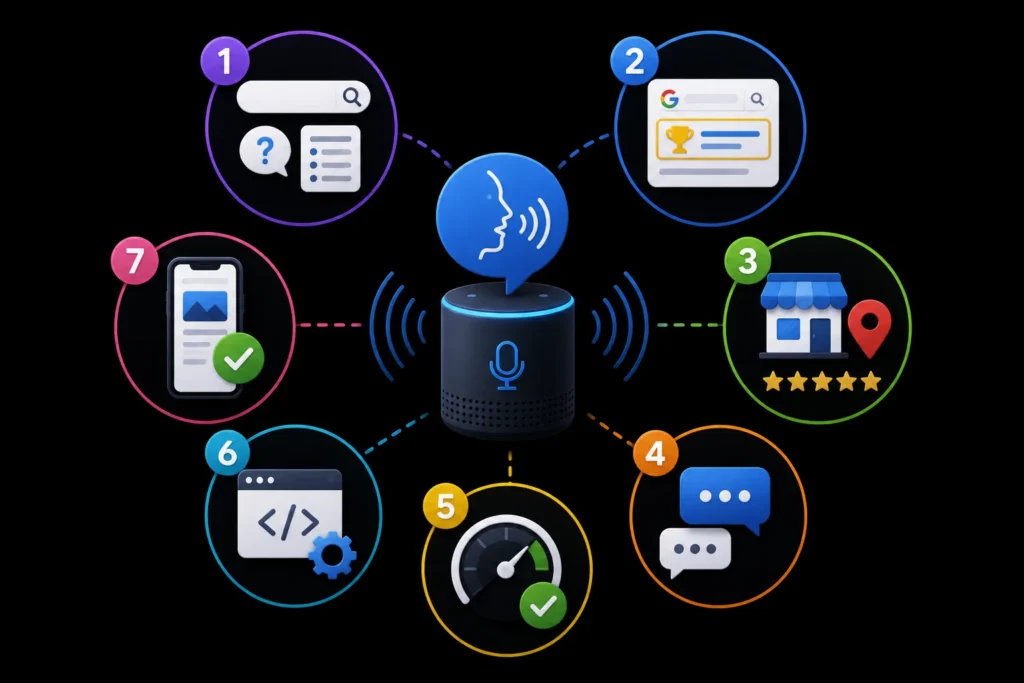 Voice search SEO strategies covering conversational keywords, featured snippets, local SEO, schema markup, page speed, and mobile optimization