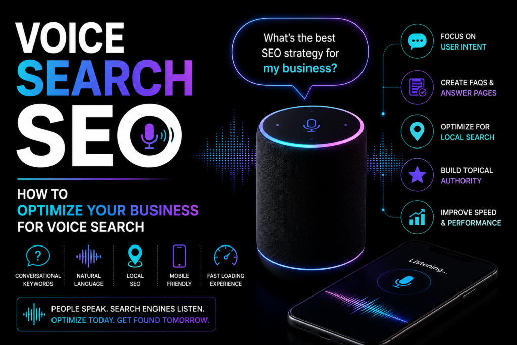Voice search SEO guide showing how to optimize a business for conversational keywords, local search, mobile users, and fast-loading pages