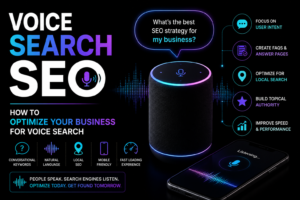 Voice search SEO guide showing how to optimize a business for conversational keywords, local search, mobile users, and fast-loading pages