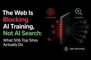 Illustration showing how top websites block AI training crawlers while allowing AI search access.