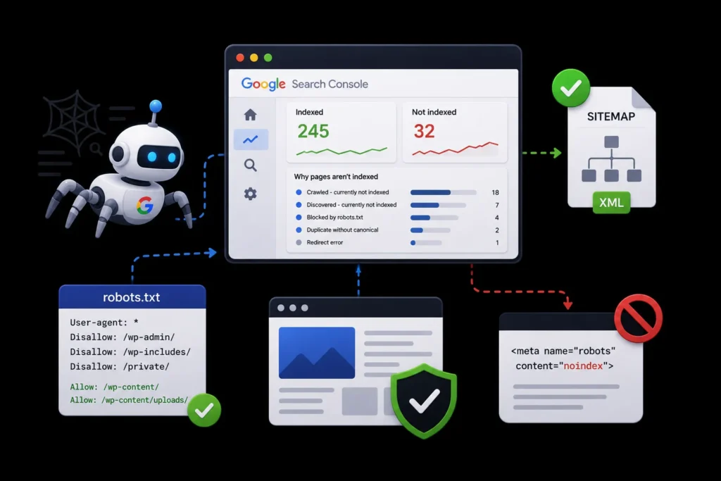 Website crawlability and indexing optimization using Google Search Console, robots.txt, XML sitemaps, and noindex directives