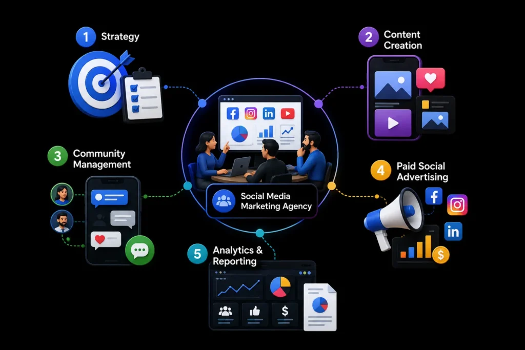 Social media marketing agency services including strategy, content creation, community management, paid advertising, analytics and reporting.