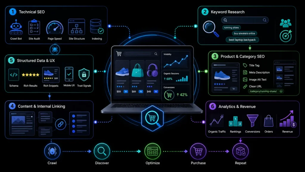 Ecommerce SEO consultant services covering technical SEO, keyword research, product and category optimization, structured data, content, internal linking and revenue analytics.
