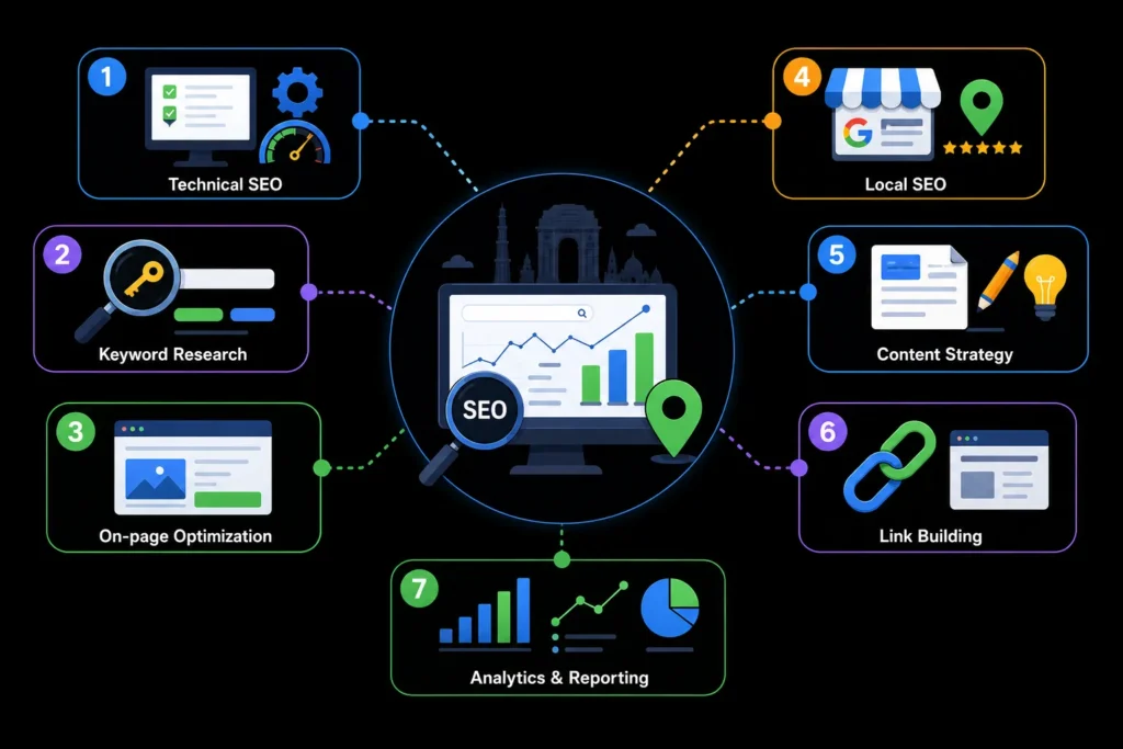 SEO expert in Delhi services including technical SEO, keyword research, on-page SEO, local SEO, content strategy, link building and analytics.