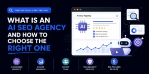 AI SEO agency selection guide highlighting AI-powered insights, higher rankings, an expert team, a transparent process and ROI-focused results.