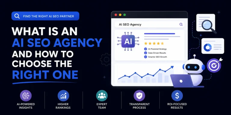 AI SEO agency selection guide highlighting AI-powered insights, higher rankings, an expert team, a transparent process and ROI-focused results.