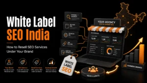 White label SEO in India showing keyword research, on-page SEO, technical SEO, link building, content optimization, branded reporting, and agency growth