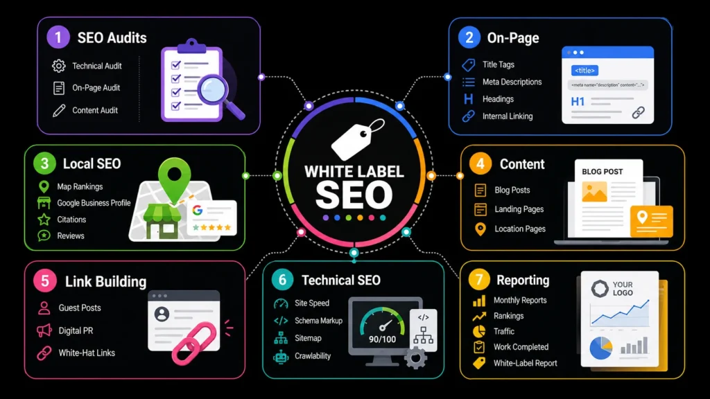 White label SEO services including audits, on-page optimization, local SEO, content creation, link building, technical SEO, and branded reporting