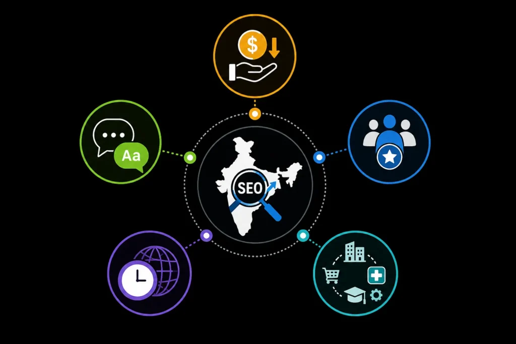 Benefits of hiring an SEO expert from India, including lower cost, English proficiency, skilled talent, time-zone flexibility, and industry experience