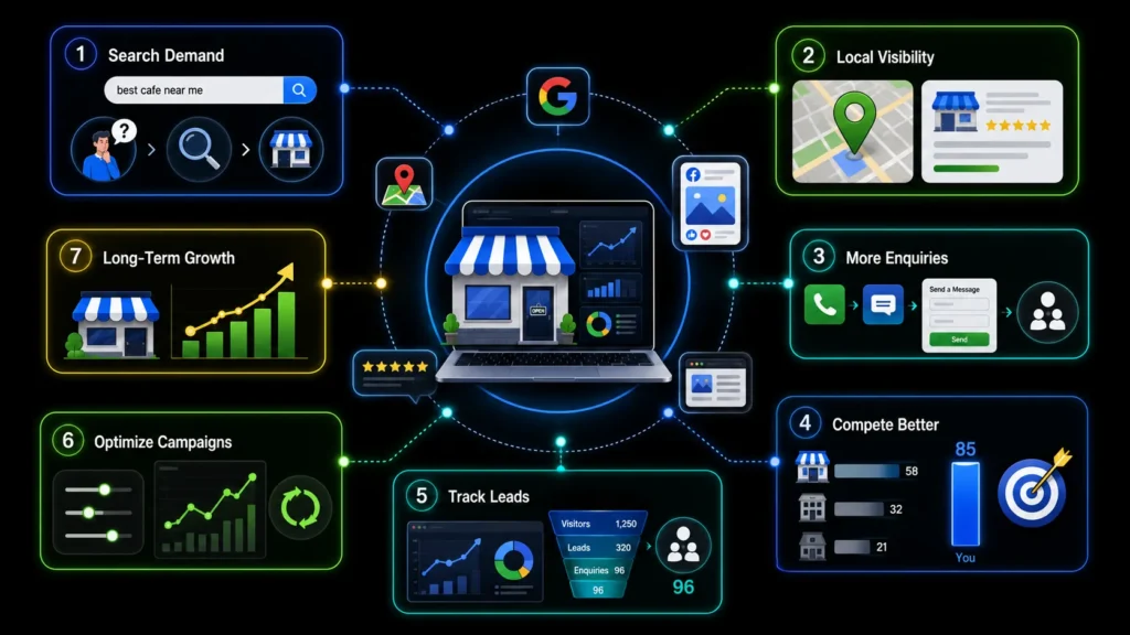 Benefits of digital marketing for small businesses, including local visibility, more enquiries, lead tracking, campaign optimization and long-term growth.