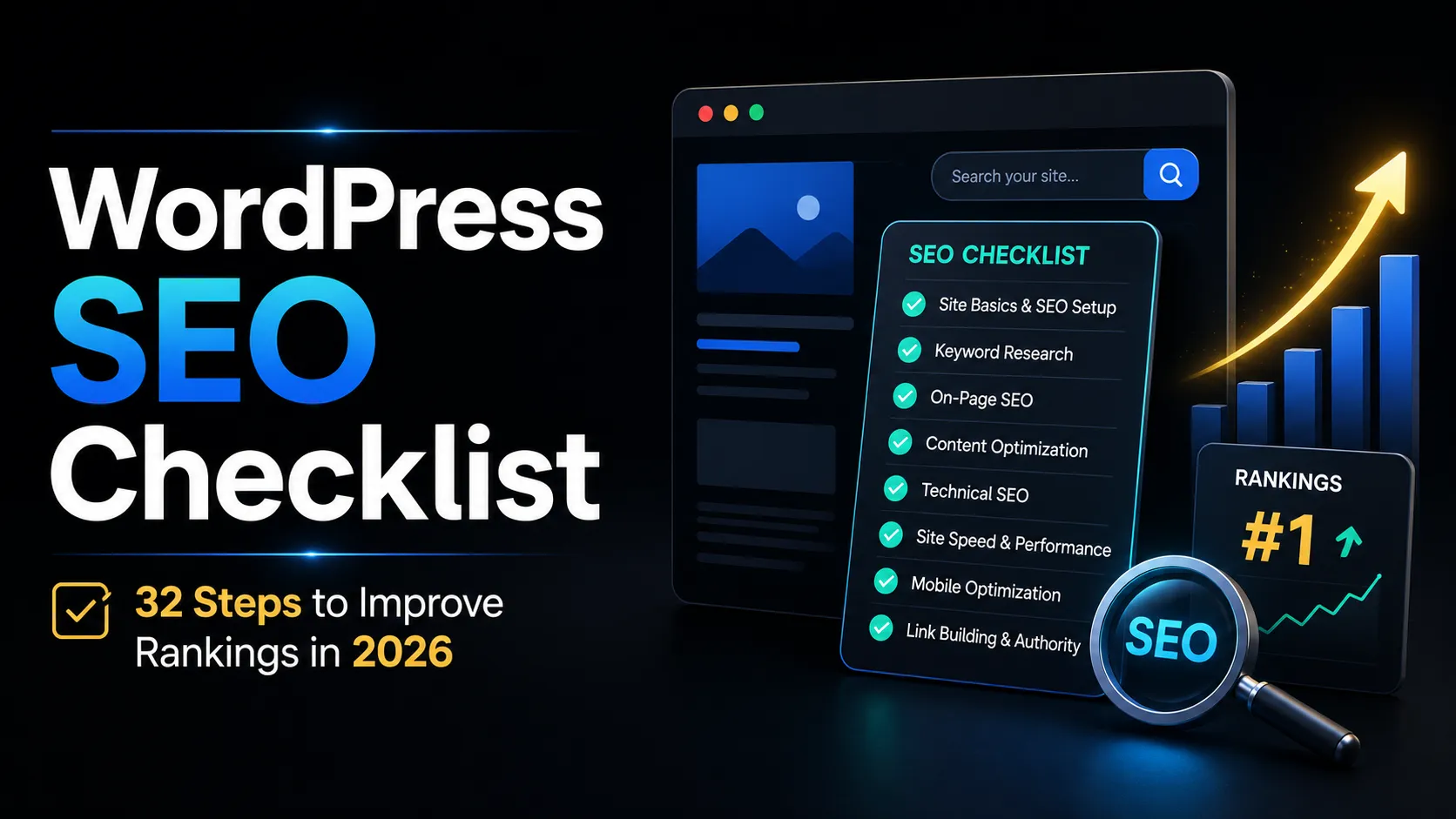 WordPress SEO checklist for 2026 covering keyword research, on-page SEO, content optimization, technical SEO, site speed, mobile optimization, and link building.