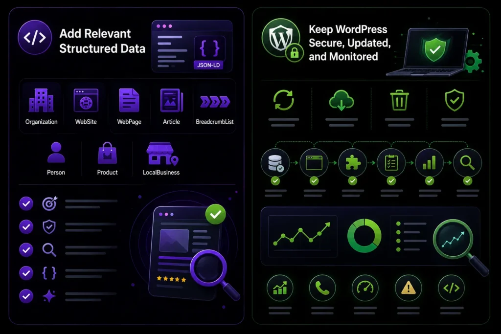 WordPress SEO infographic showing relevant structured data types, JSON-LD schema, website security, updates, backups, plugin maintenance, monitoring, analytics, and performance checks.