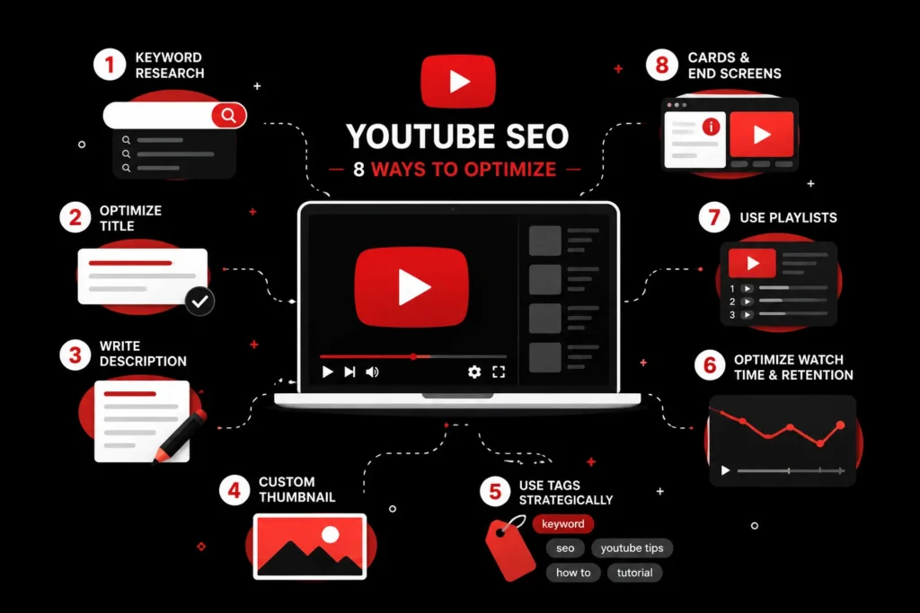YouTube SEO infographic showing eight optimization methods, including keyword research, titles, descriptions, thumbnails, tags, watch time, playlists, and end screens