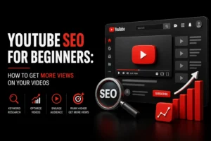 YouTube SEO for beginners illustration showing keyword research, video optimization, audience engagement, and ranking strategies to increase YouTube views.