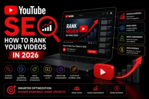 YouTube SEO guide showing how to rank videos in 2026 using keyword research, optimized titles, tags, thumbnails, engagement, and playlists