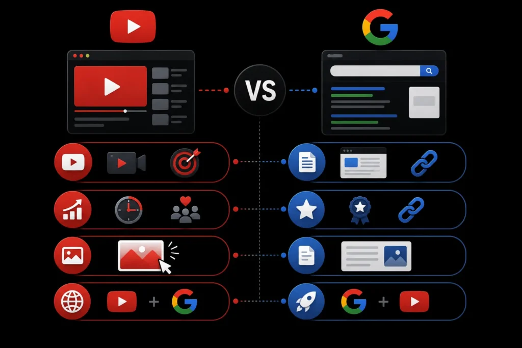 YouTube SEO vs Google SEO comparison covering content formats, ranking signals, engagement, thumbnails, keywords, and backlinks