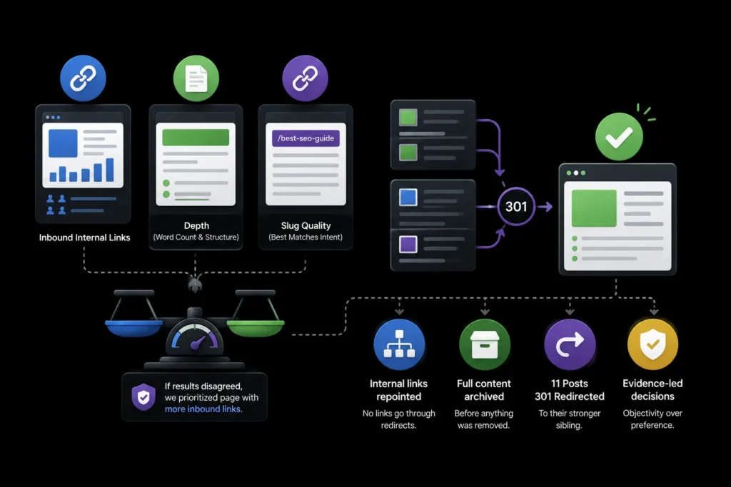 SEO content consolidation process using internal links, content depth and slug quality to select the primary page and redirect competing posts.